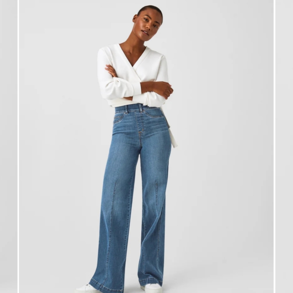 Spanx everwear seamed front wide leg jeans vintage indigo size L, Tall